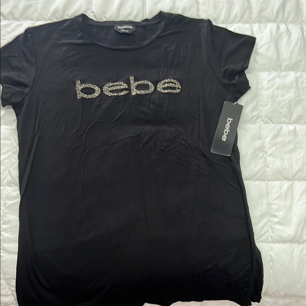 Bebe Black Fitted Polo T-Shirt with Embellished Logo